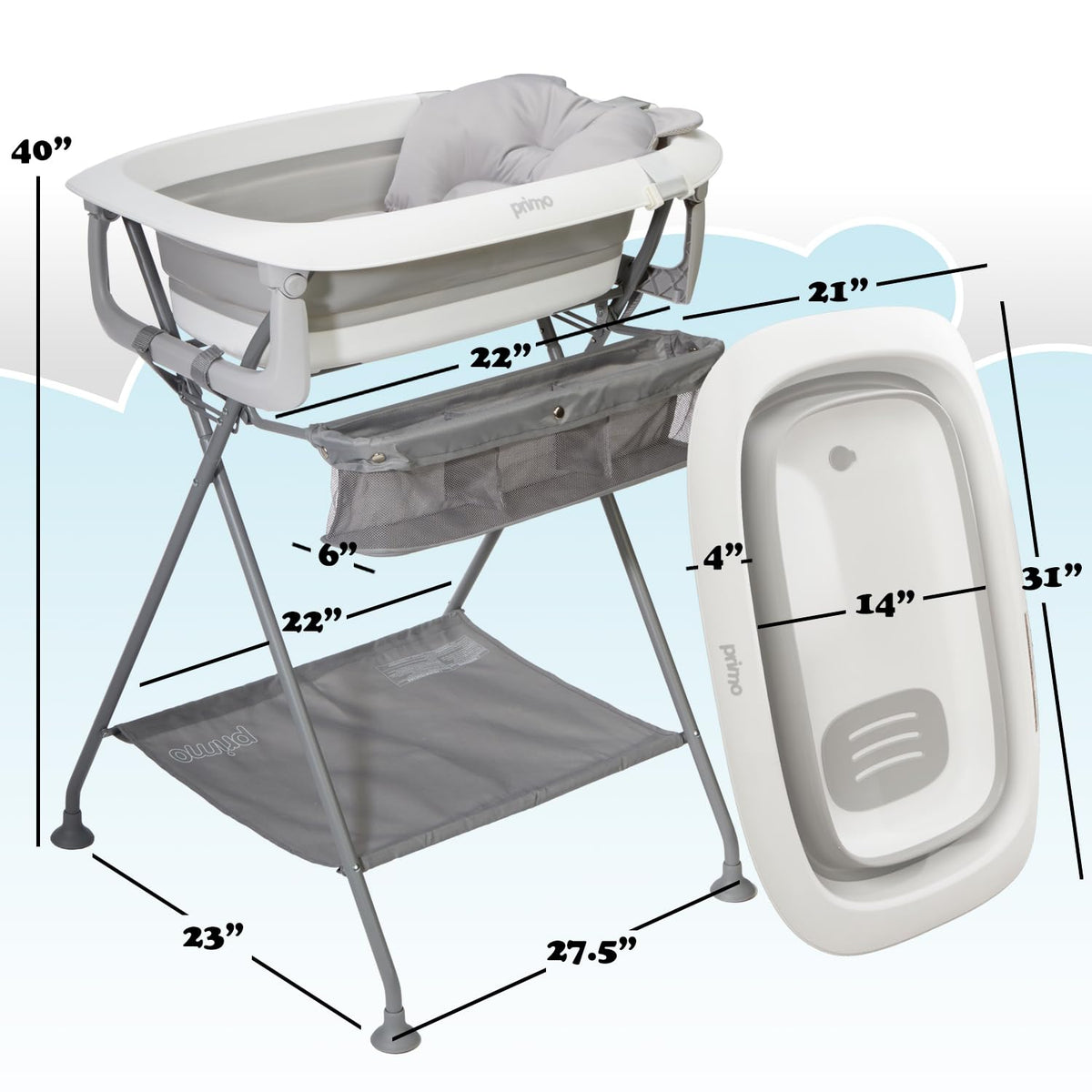 Primo SquishSplash Collapsible Baby Bath & Folding Stand With Ergonomic Infant Cushion for Newborns & Toddlers - Complete Bathing Station - Compact Space Saving Design, Ages 0-24 Months