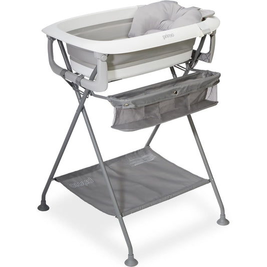 Primo SquishSplash Collapsible Baby Bath & Folding Stand With Ergonomic Infant Cushion for Newborns & Toddlers - Complete Bathing Station - Compact Space Saving Design, Ages 0-24 Months