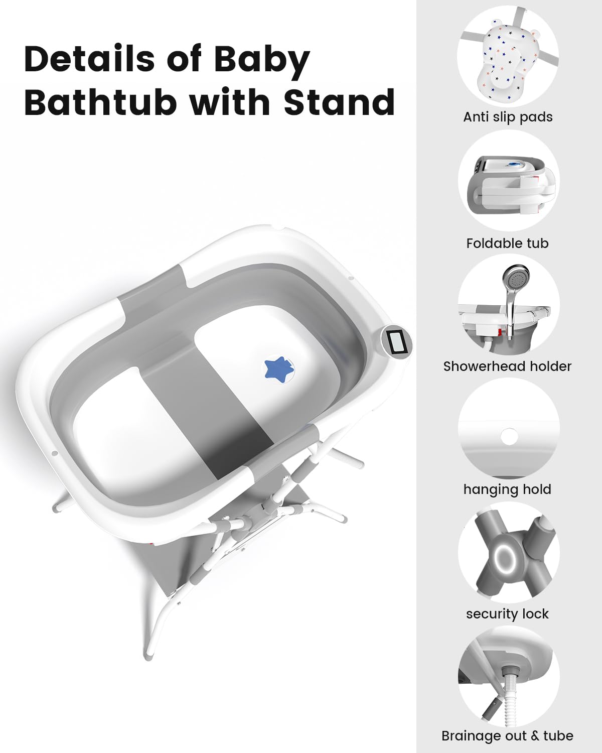 BALLA BALEIN Baby Bathtub with Stand, 2-in-1 Collapsible Bath Tubs for Newborn to Toddler, Infant Bathtub with Folding Stand, Portable Bathtub for Baby Including Soft Cushion, Storage Pad (Gray)