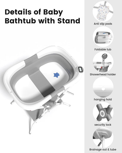 BALLA BALEIN Baby Bathtub with Stand, 2-in-1 Collapsible Bath Tubs for Newborn to Toddler, Infant Bathtub with Folding Stand, Portable Bathtub for Baby Including Soft Cushion, Storage Pad (Gray)