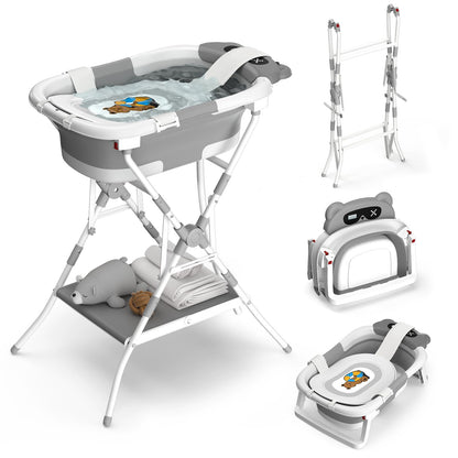 BALLA BALEIN Baby Bathtub with Stand, Foldable Metal Standing Baby Bath Tub, 3-in-1 Anti-Slip Collapsible Tub with Cushion Storage Pad, Elevated Design for Newborn Toddler, Gray