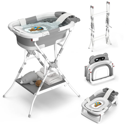 BALLA BALEIN Baby Bathtub with Stand, Foldable Metal Standing Baby Bath Tub, 3-in-1 Anti-Slip Collapsible Tub with Cushion Storage Pad, Elevated Design for Newborn Toddler, Gray