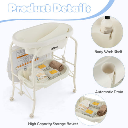 INFANS 2 in 1 Baby Changing Table with Bath Tub Unit, Folding Diaper Dresser Station with Wheels Waterproof Pad Storage Rack, Portable Nursery Organizer Stand for Newborn Infant (White)