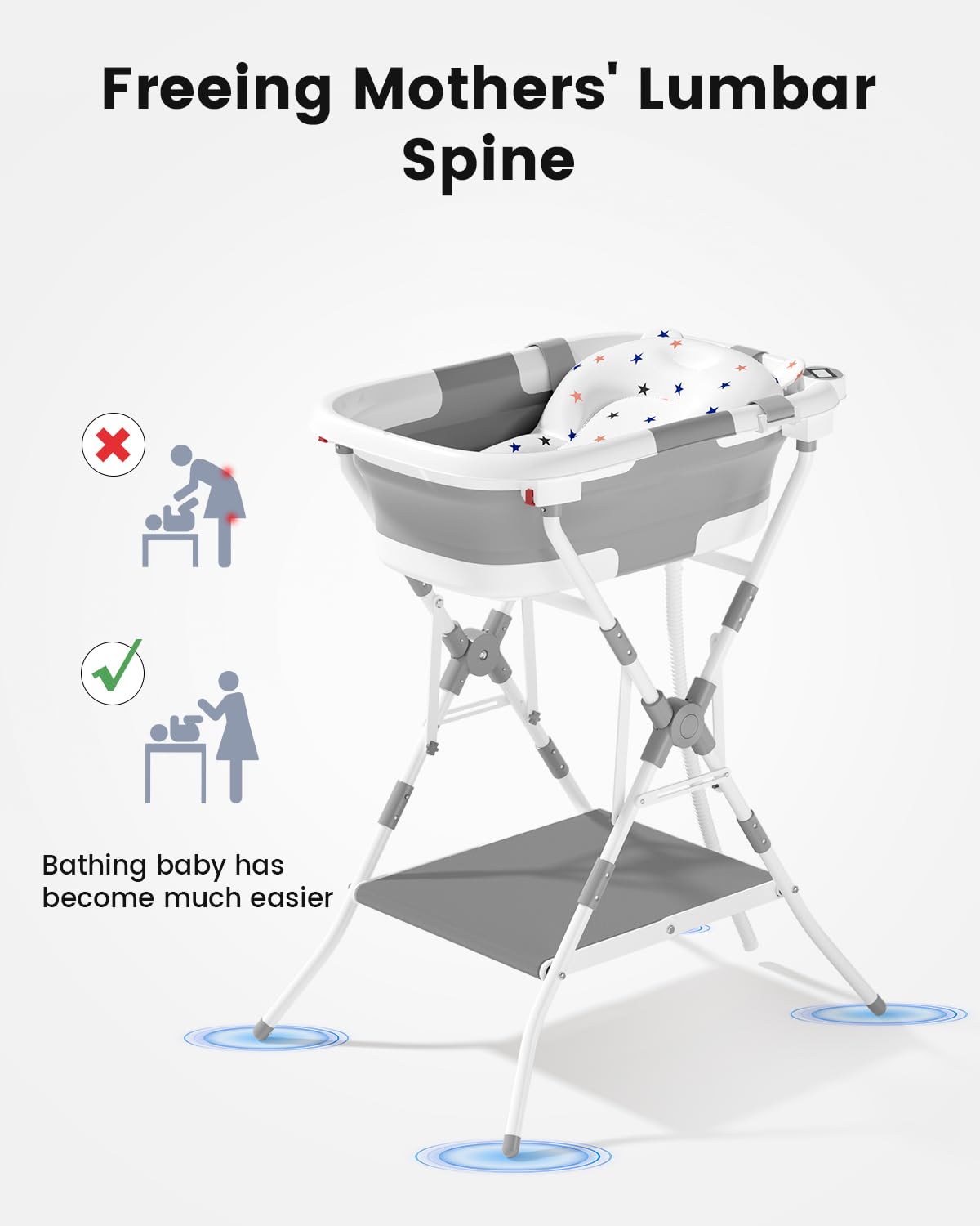 BALLA BALEIN Baby Bathtub with Stand, 2-in-1 Collapsible Bath Tubs for Newborn to Toddler, Infant Bathtub with Folding Stand, Portable Bathtub for Baby Including Soft Cushion, Storage Pad (Gray)