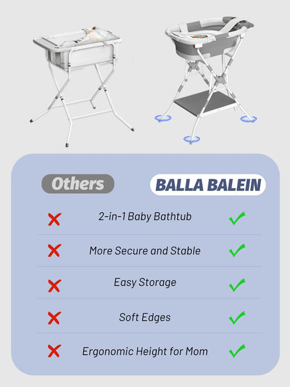 BALLA BALEIN Baby Bathtub with Stand, Foldable Metal Standing Baby Bath Tub, 3-in-1 Anti-Slip Collapsible Tub with Cushion Storage Pad, Elevated Design for Newborn Toddler, Gray