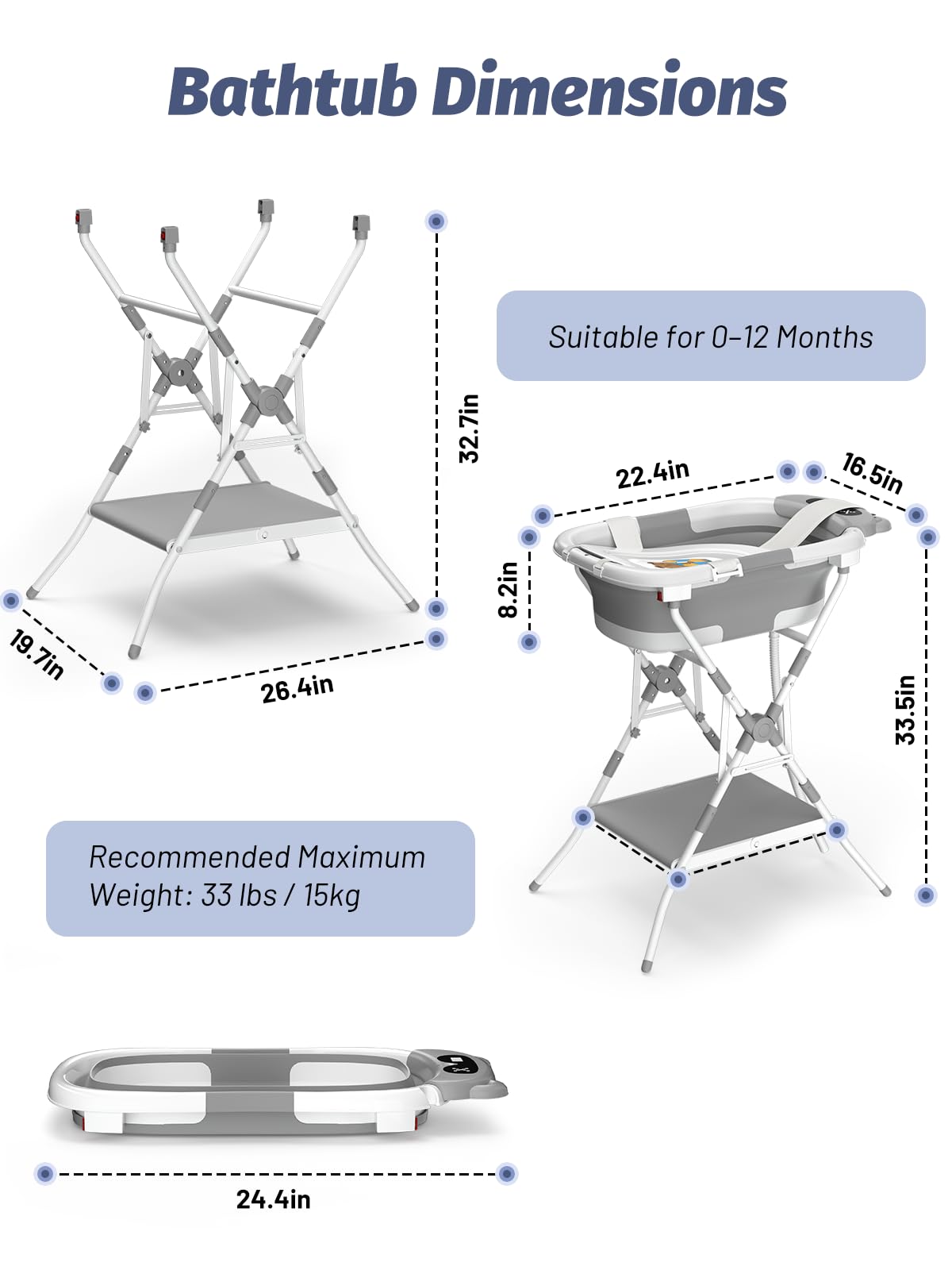 BALLA BALEIN Baby Bathtub with Stand, Foldable Metal Standing Baby Bath Tub, 3-in-1 Anti-Slip Collapsible Tub with Cushion Storage Pad, Elevated Design for Newborn Toddler, Gray