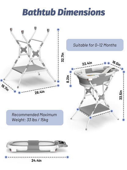 BALLA BALEIN Baby Bathtub with Stand, Foldable Metal Standing Baby Bath Tub, 3-in-1 Anti-Slip Collapsible Tub with Cushion Storage Pad, Elevated Design for Newborn Toddler, Gray