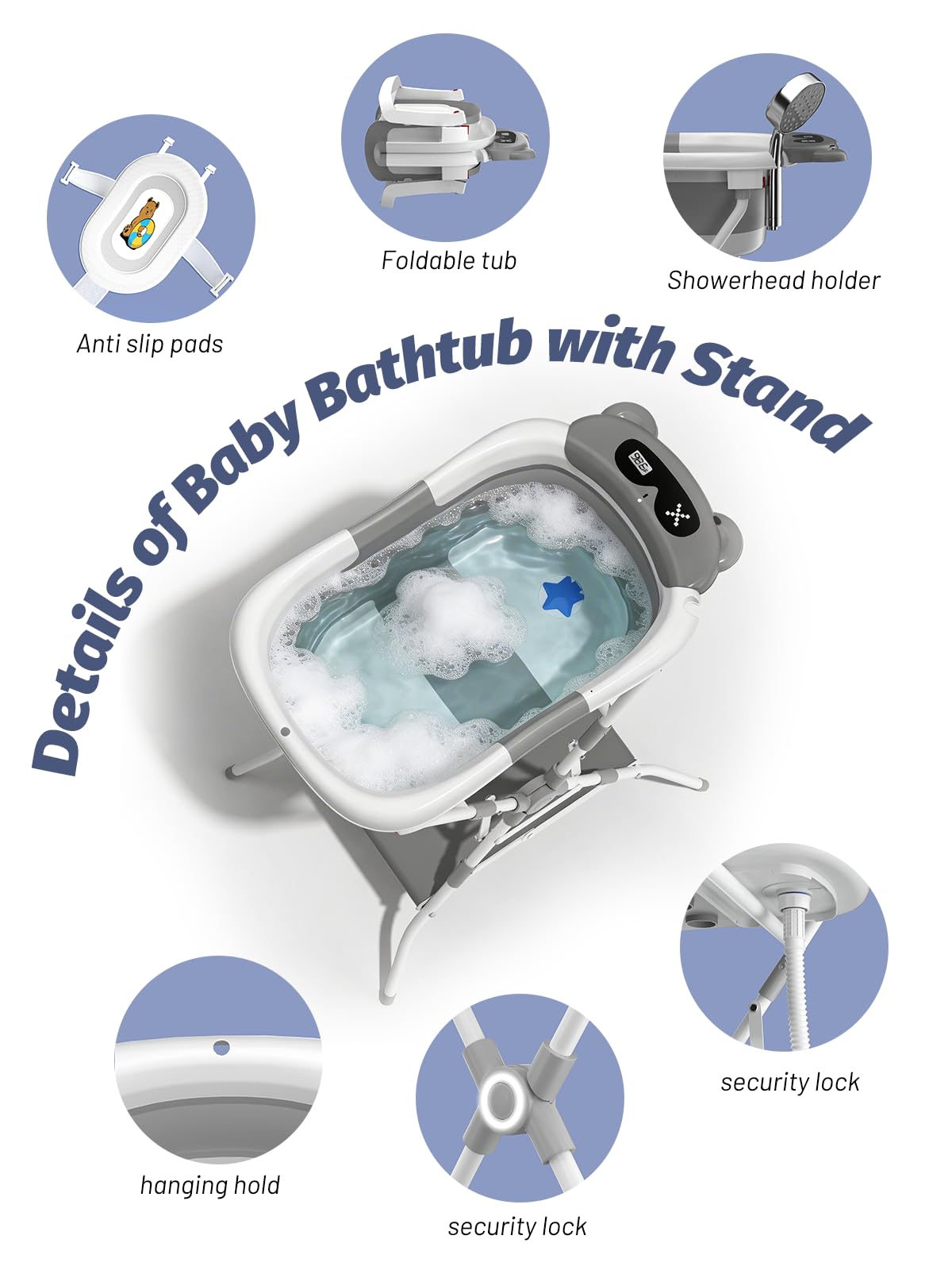 BALLA BALEIN Baby Bathtub with Stand, Foldable Metal Standing Baby Bath Tub, 3-in-1 Anti-Slip Collapsible Tub with Cushion Storage Pad, Elevated Design for Newborn Toddler, Gray