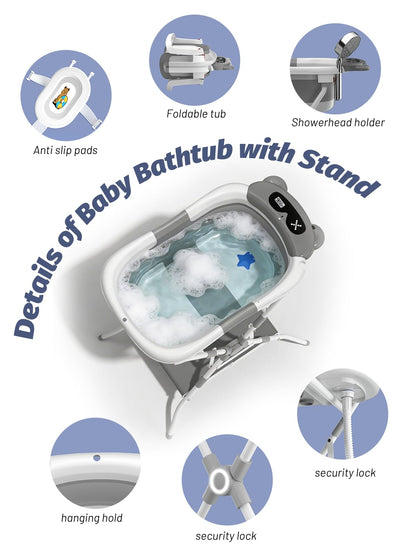 BALLA BALEIN Baby Bathtub with Stand, Foldable Metal Standing Baby Bath Tub, 3-in-1 Anti-Slip Collapsible Tub with Cushion Storage Pad, Elevated Design for Newborn Toddler, Gray