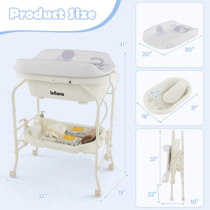 INFANS 2 in 1 Baby Changing Table with Bath Tub Unit, Folding Diaper Dresser Station with Wheels Waterproof Pad Storage Rack, Portable Nursery Organizer Stand for Newborn Infant (White)