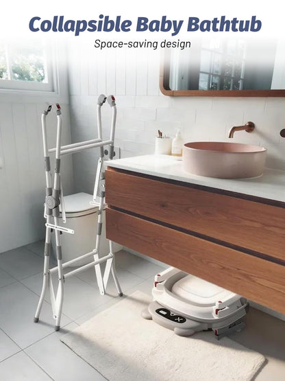 BALLA BALEIN Baby Bathtub with Stand, Foldable Metal Standing Baby Bath Tub, 3-in-1 Anti-Slip Collapsible Tub with Cushion Storage Pad, Elevated Design for Newborn Toddler, Gray