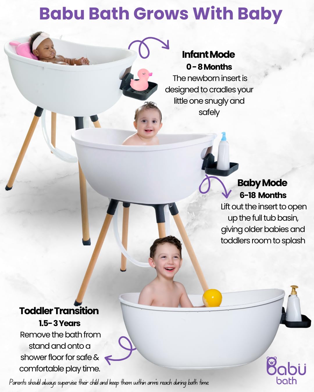 Babu Bath Luxury Baby Bathtub with Wooden Stand – 3-Stage Convertible, Ergonomic & Back-Saving Design