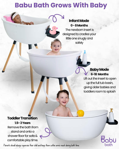 Babu Bath Luxury Baby Bathtub with Wooden Stand – 3-Stage Convertible, Ergonomic & Back-Saving Design