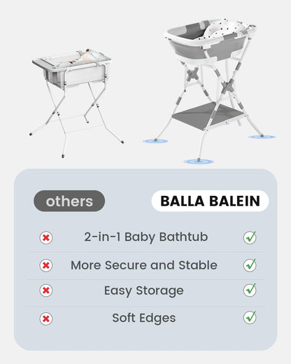 BALLA BALEIN Baby Bathtub with Stand, 2-in-1 Collapsible Bath Tubs for Newborn to Toddler, Infant Bathtub with Folding Stand, Portable Bathtub for Baby Including Soft Cushion, Storage Pad (Gray)