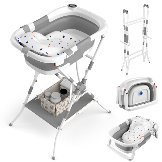 BALLA BALEIN Baby Bathtub with Stand, 2-in-1 Collapsible Bath Tubs for Newborn to Toddler, Infant Bathtub with Folding Stand, Portable Bathtub for Baby Including Soft Cushion, Storage Pad (Gray)