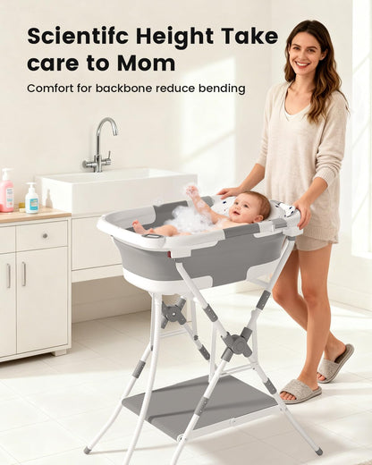 BALLA BALEIN Baby Bathtub with Stand, 2-in-1 Collapsible Bath Tubs for Newborn to Toddler, Infant Bathtub with Folding Stand, Portable Bathtub for Baby Including Soft Cushion, Storage Pad (Gray)
