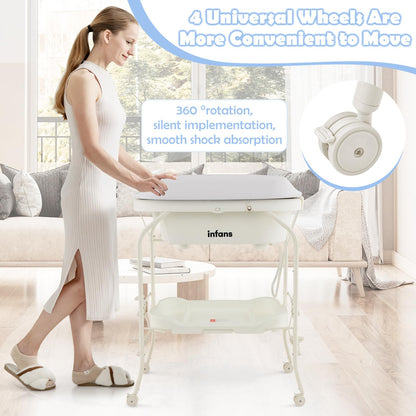 INFANS 2 in 1 Baby Changing Table with Bath Tub Unit, Folding Diaper Dresser Station with Wheels Waterproof Pad Storage Rack, Portable Nursery Organizer Stand for Newborn Infant (White)