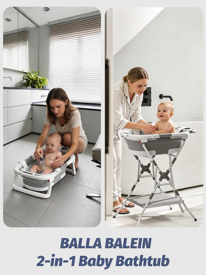 BALLA BALEIN Baby Bathtub with Stand, Foldable Metal Standing Baby Bath Tub, 3-in-1 Anti-Slip Collapsible Tub with Cushion Storage Pad, Elevated Design for Newborn Toddler, Gray