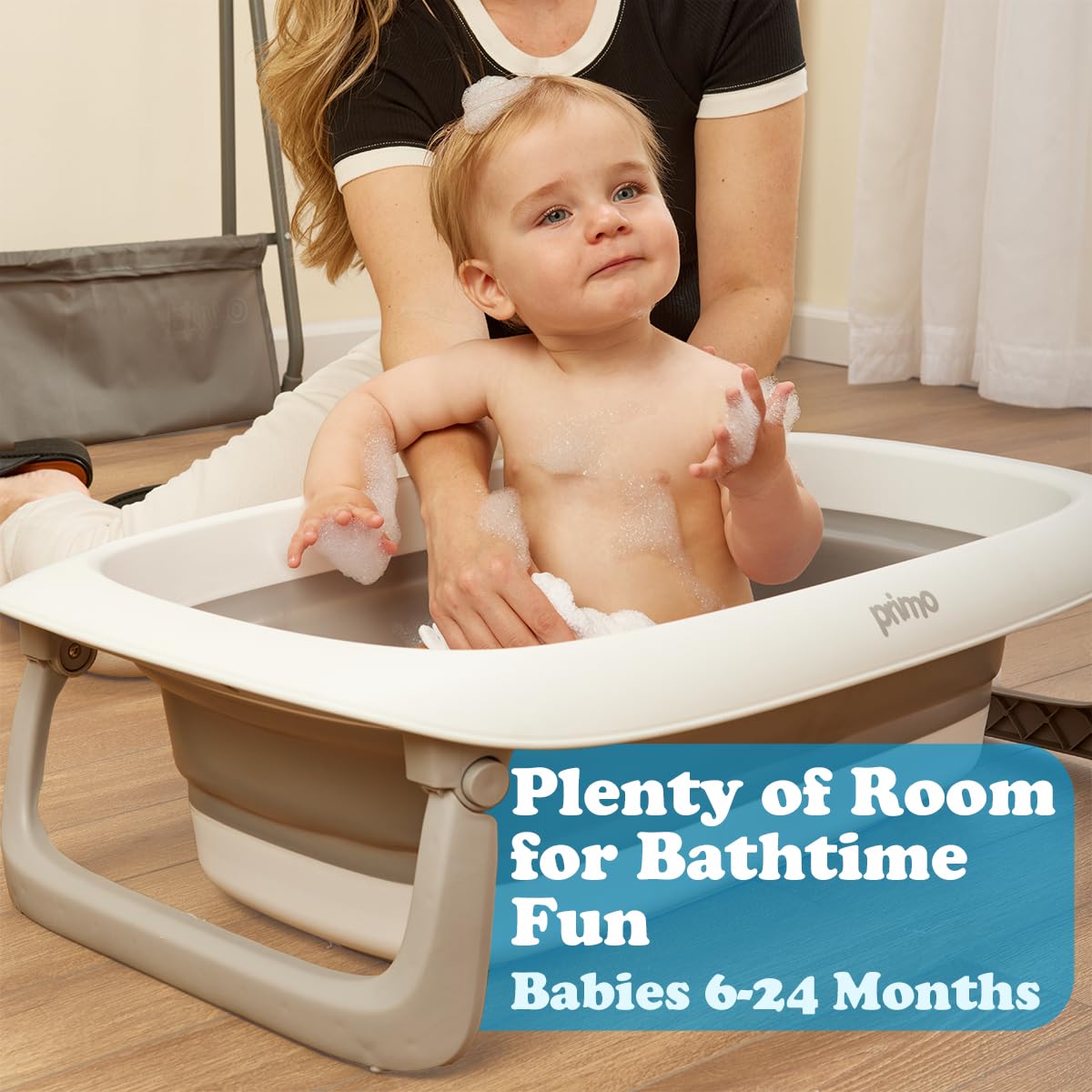 Primo SquishSplash Collapsible Baby Bath & Folding Stand With Ergonomic Infant Cushion for Newborns & Toddlers - Complete Bathing Station - Compact Space Saving Design, Ages 0-24 Months
