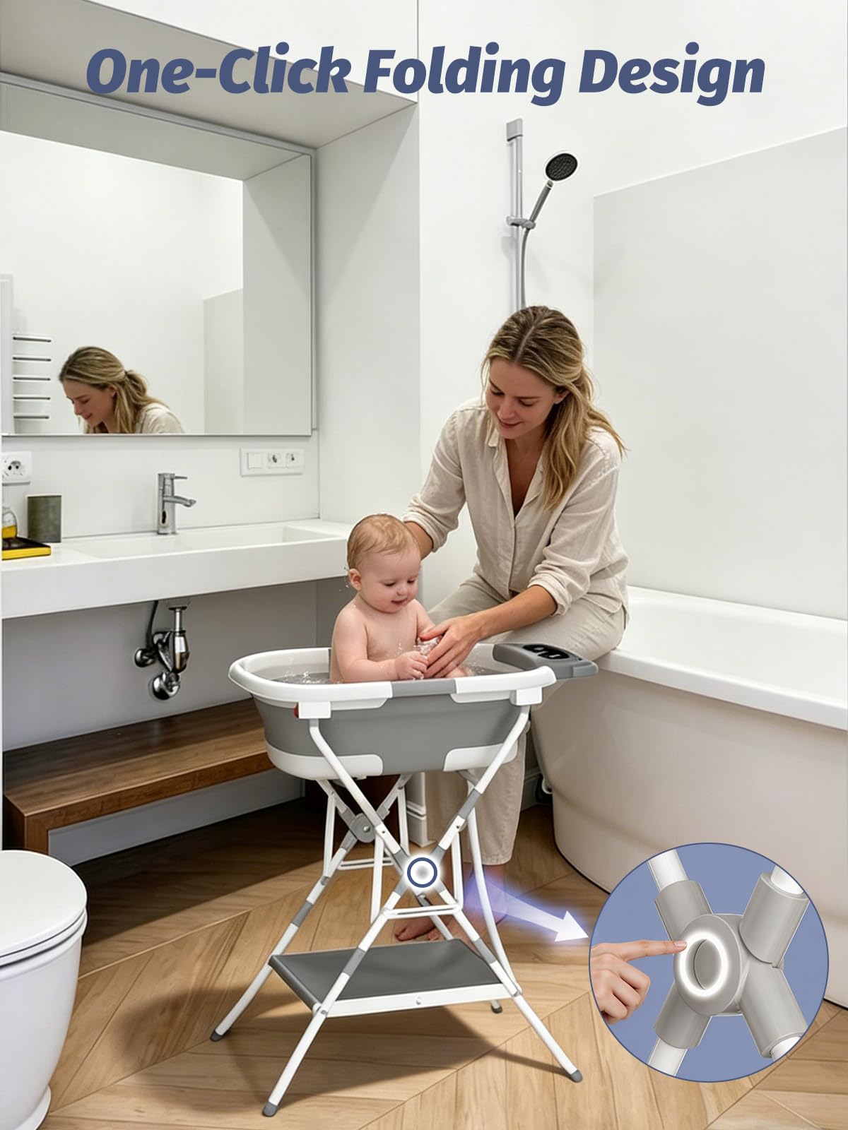BALLA BALEIN Baby Bathtub with Stand, Foldable Metal Standing Baby Bath Tub, 3-in-1 Anti-Slip Collapsible Tub with Cushion Storage Pad, Elevated Design for Newborn Toddler, Gray