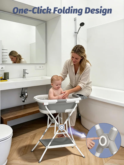 BALLA BALEIN Baby Bathtub with Stand, Foldable Metal Standing Baby Bath Tub, 3-in-1 Anti-Slip Collapsible Tub with Cushion Storage Pad, Elevated Design for Newborn Toddler, Gray