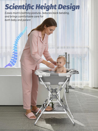 BALLA BALEIN Baby Bathtub with Stand, Foldable Metal Standing Baby Bath Tub, 3-in-1 Anti-Slip Collapsible Tub with Cushion Storage Pad, Elevated Design for Newborn Toddler, Gray