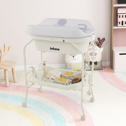 INFANS 2 in 1 Baby Changing Table with Bath Tub Unit, Folding Diaper Dresser Station with Wheels Waterproof Pad Storage Rack, Portable Nursery Organizer Stand for Newborn Infant (White)