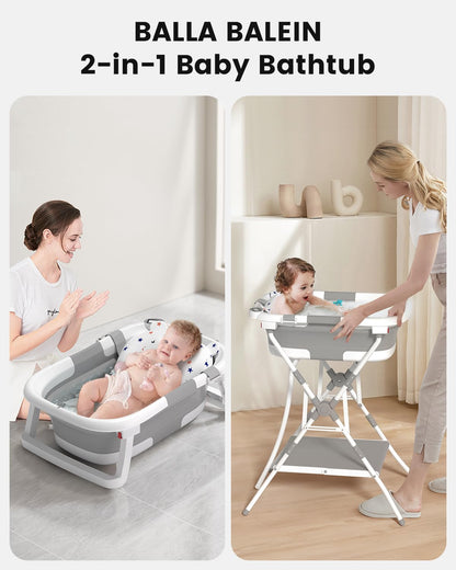 BALLA BALEIN Baby Bathtub with Stand, 2-in-1 Collapsible Bath Tubs for Newborn to Toddler, Infant Bathtub with Folding Stand, Portable Bathtub for Baby Including Soft Cushion, Storage Pad (Gray)